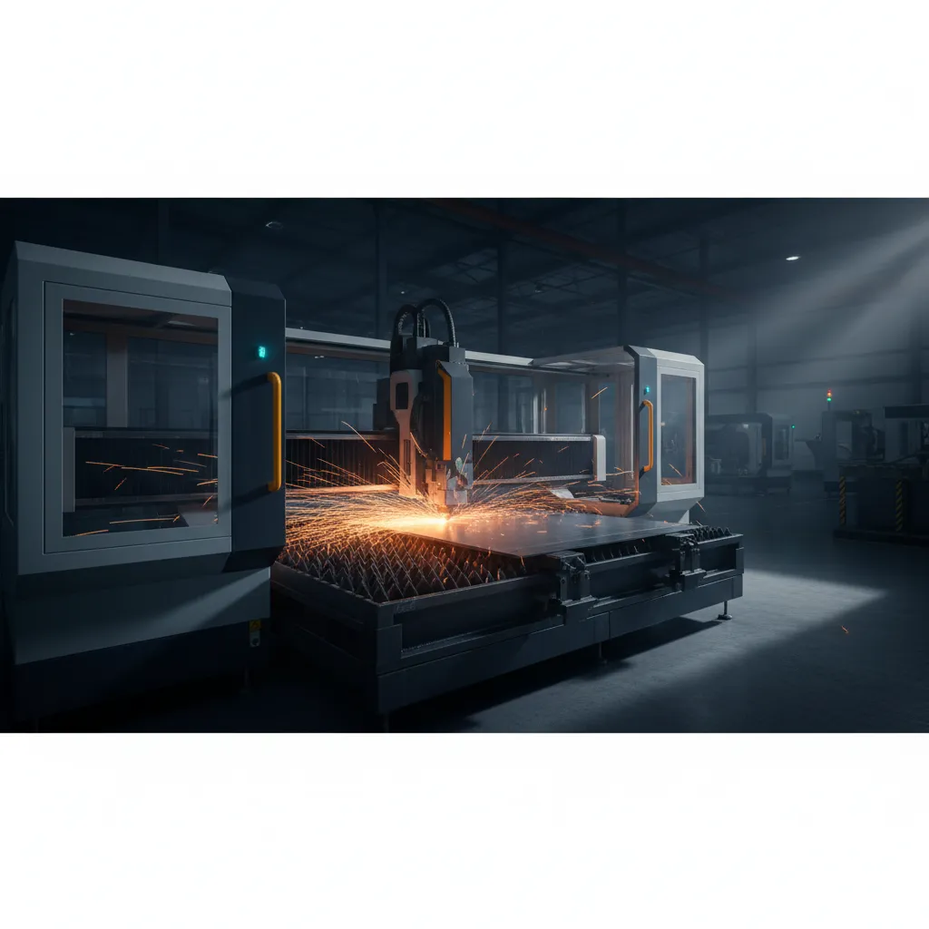 Amada fiber laser cutting machine cutting steel plate with sparks